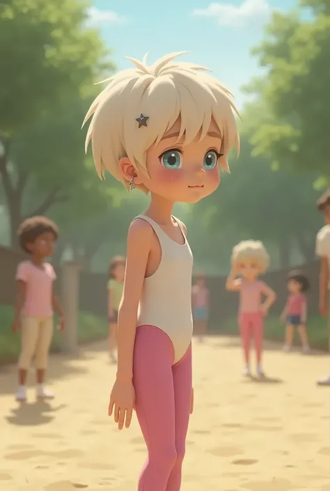 White girl , 10y, standing, side view, white leotard over pink leggings, short pixie hair, small earrings, hair pin, blue eyes, shy, playground, girls in background