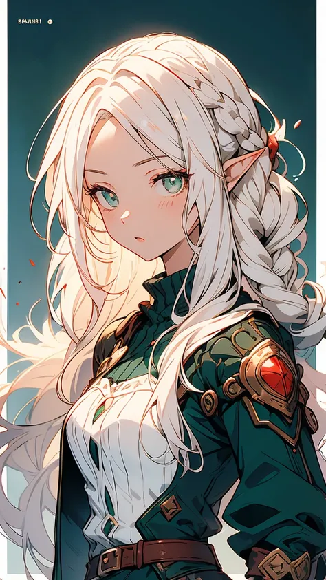 young woman.teenager.schoolgirl.forehead.middle forehead.in full height.anime schoolgirl. fantasy girl. anime hero.  ((green eyes)). ((white hair)). elf