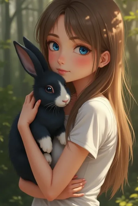 Jeune femme de 22 ans avec des cheveux long châtains clairs avec un lapin noir et blanc au yeux bleus dans les bras 