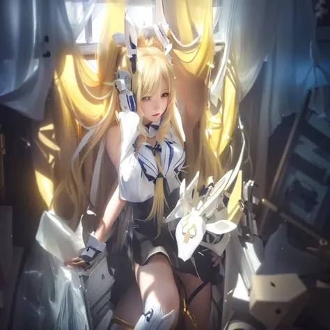 A girl with long blonde hair and a white rabbit in a room, from the azur lane videogame, azur lane style, from arknights, splash art realistic loli, characters from azur lane, from girls frontline, girls frontline cg, girls frontline style, fine details. g...