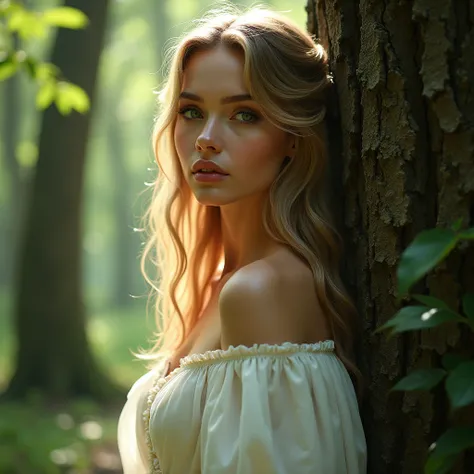  a close up of a woman in a white dress leaning on a tree, beautiful maiden,  beautiful fantasy maiden ,  beautiful princess e ,  very beautiful face ,  detailed beautiful face , beautiful blonde girl,  extremely beautiful face , Beautiful Nordic Woman, Be...