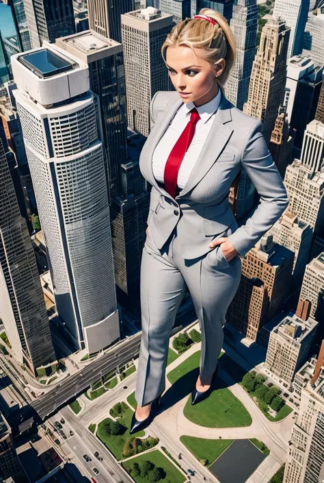 Highly detailed Giantess shot, Giantess,  blonde hair in a braided ponytail, women who are 100’s miles tall, feet dwarfing a skyscraper, big breasts, perfect gray trouser suit and form fitting crisp white shirt, thick wide and long red tie, windsor knot, h...