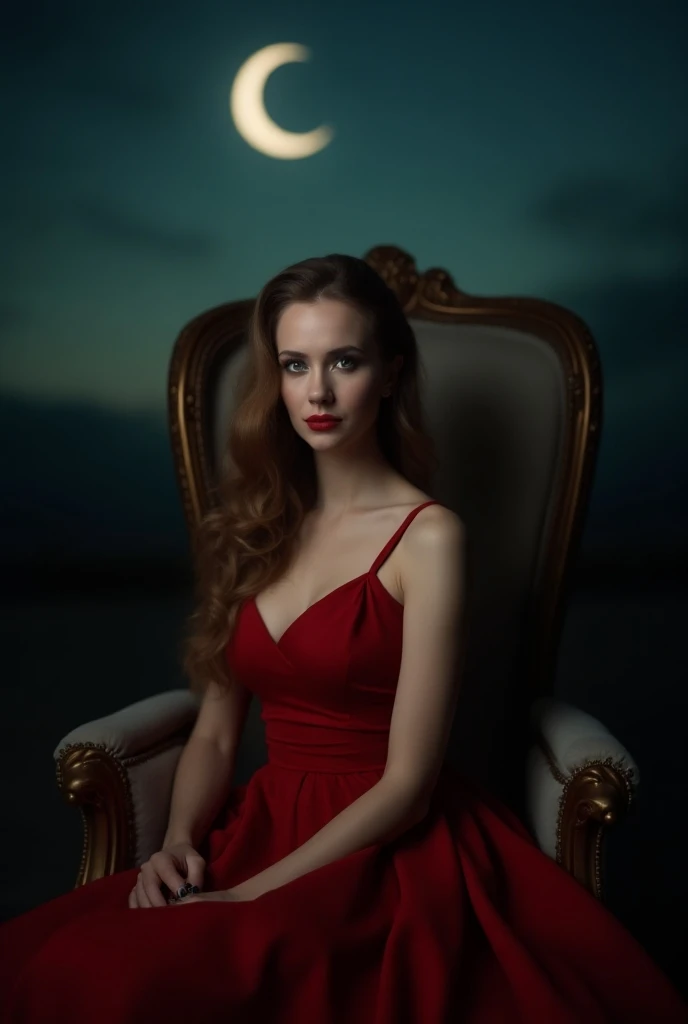 RAW Photo of Slavic woman in her 40s, light brown long hair、Super beautiful、Facial beauty、Vampire、Sitting in a big chair、Red dress、TA night with a crescent moon、Cinematic Lighting, Nikon D850, camera f1.6 lens ,hyper realistic ,lifelike texture , Cinestill...