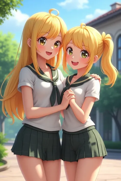 2 young blonde teen girls, wearing skimpy school uniform, smiling 