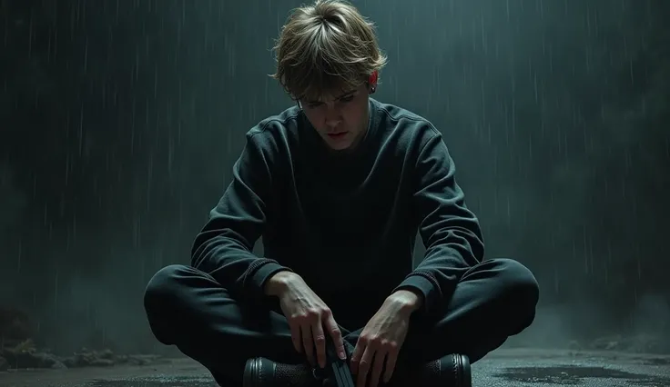 Justin Bieber triste,  sitting on the floor ,  with a Glock 17 in his hand, dark background , Photo realistic, rain