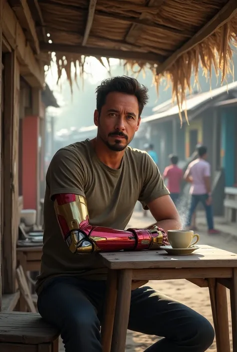 Create the hyper-realistic image of the tony stark is sitting in the Indian village tea stall and drinking tea by his left hand. Wearing old tshirt. Left hand has iron man arm