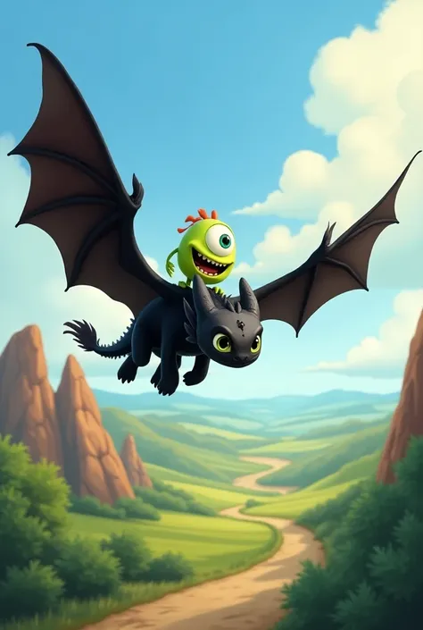 Baby toothless volando junto a mike wazowsibujo disney tradicional