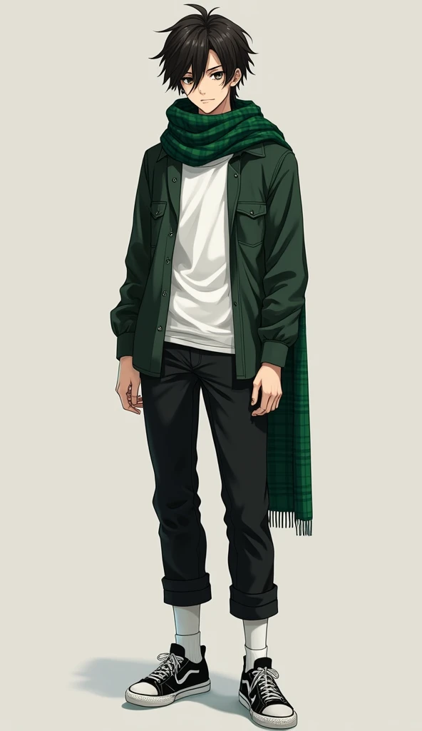  Male Swamp-colored eyes.
Dark Brown Hair Hairstyle: disheveled hair, some lie on the face, ear length.
Body type: Ectomorph. Fit, slightly pumped up, height 186 cm.
 Dressed in a dark green shirt , white t-shirt, black mens pants , white socks, black and ...