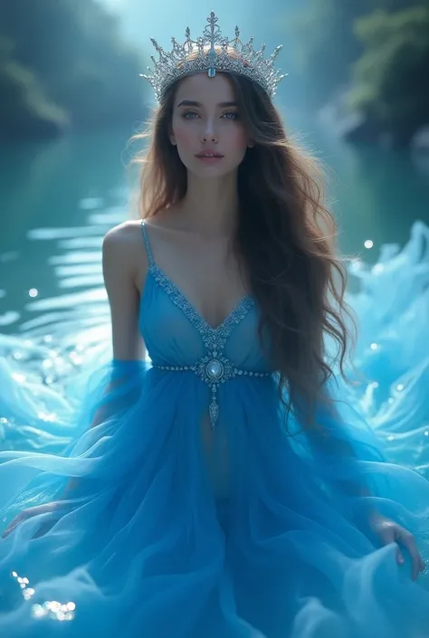  Beautiful girl with long wavy hair , Dressed in blue water and a crown 