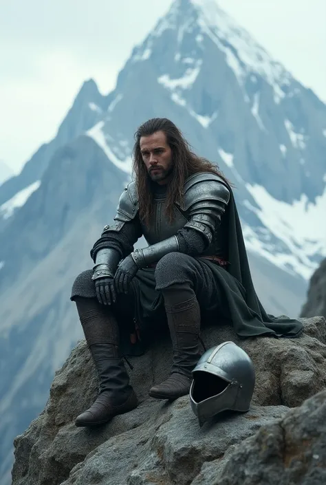 Make a knight with long hair and a handsome face and his helmet destroyed on the ground. and hes sitting on a mountain.