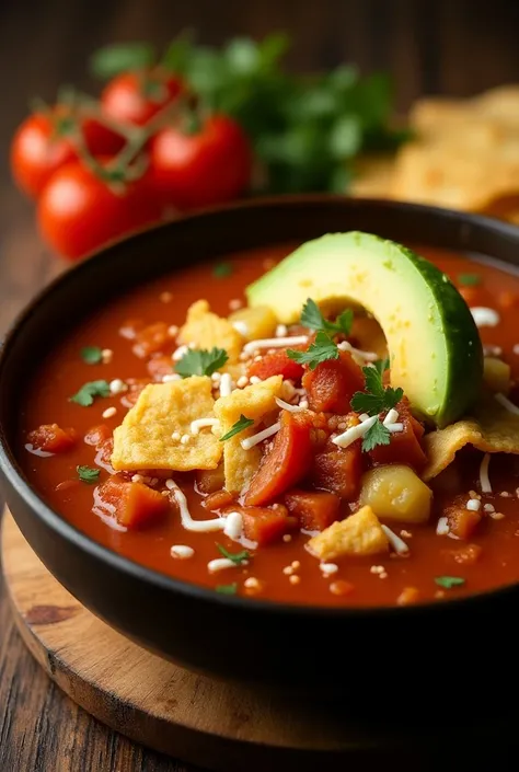  Create a final image of the Tortilla Soup recipe

Ingredients :

6 tortillas de maíz

2 tomates grandes

1 diente de SHE

1/ 2 onion

1 Pasilla chili

1 liter of chicken stock

A sprig of epazote

Frying oil

Salt and pepper to taste

Avocado,  fresh chee...