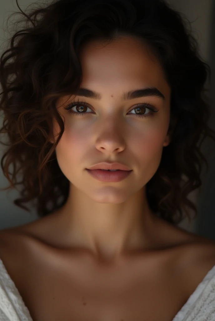 femme de face 20 ans environ , brune, curly hair,  white but matte and slightly tanned, femme tres joli , Beautiful lips  , bouche fermer , to do at the camera , HD quality, photo tres realiste 