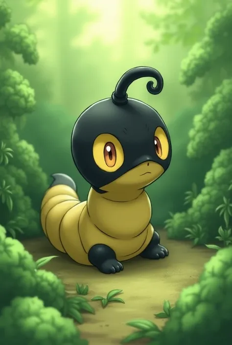  Burmy is shown in a gentle breeze ,  while it hides between the leaves .  The environment is green and alive .  Burmy is a small worm Pokémon with a black head and yellow eyes ,  that is twisted in by a spirally twisted horn on the Head distinguishes. The...