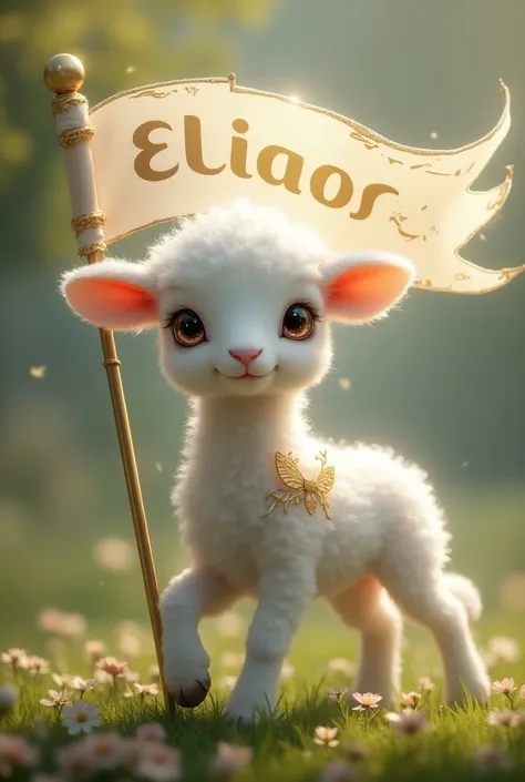 Tender white lamb with gold details and crystal eyes carrying an elegant flag with the name “ELYON”
