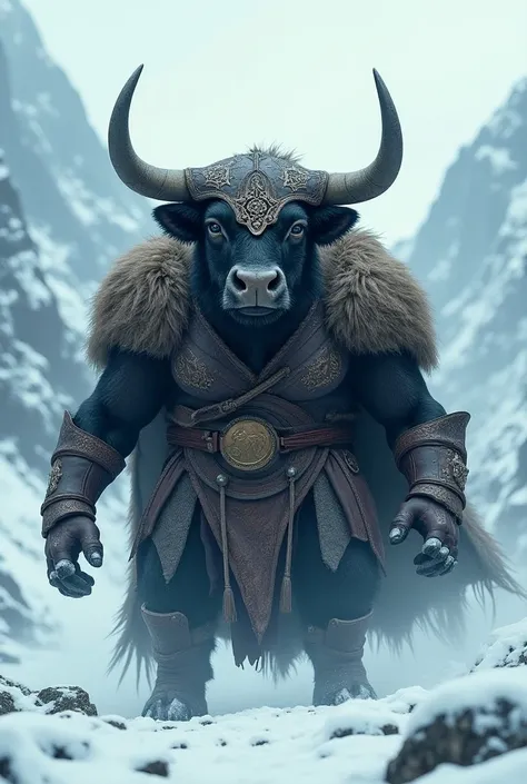 Bull dressed as a Viking warrior in the snow