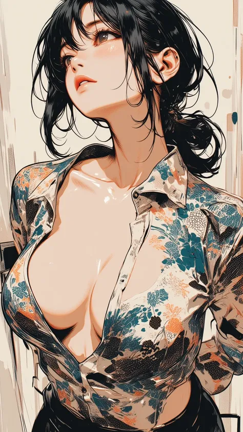 erotic young japanese model with slender curvy figure, 4k, ultra-detailed, vivid colors, dramatic lighting, intricate details, in a realistic illustration style with thin lines and black outlines, ulzzang, big eyes, unbuttoned floral blouse, big breasts, c...