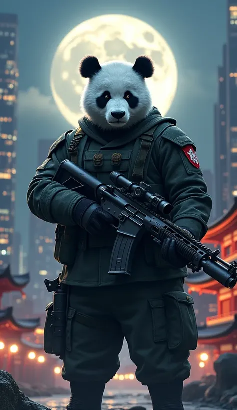 A highly detailed humanoid panda warrior wearing army uniform holding an assault rifle, standing in a Japanese-style city on a moonlit night, ultra-realistic, 4k, 8k, high resolution, masterpiece: 1.2, ultra-detailed, realistic, photorealistic, photorealis...