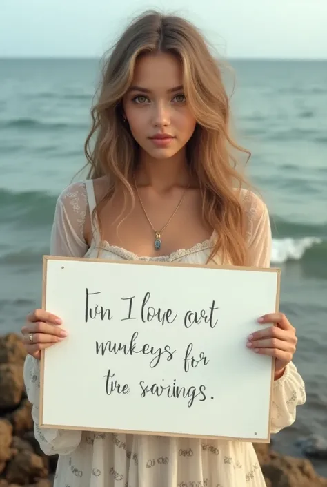  Beautiful girl with long wavy hair , bohemian dress,  holding a white board with the text  " I Love Seaart Infinity"  and showing it to the spectator 