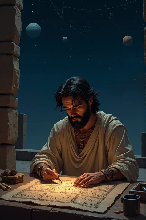 Babylonian Astronomy: A Babylonian astronomer studying the night sky, using early algebraic symbols on a clay tablet, with the stars and planets visible.