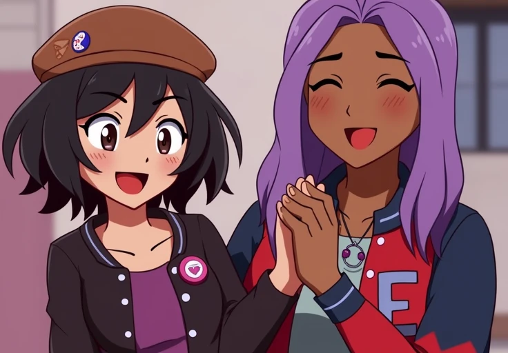 You can create a fanart of these two characters together by clasping their hands together. 
**Luz Noceda**
Hair: Dark and short .
accessory:  He wears a brown beret with a badge design and a of the bisexual flag , una chapita de color rosa con un ojito mor...