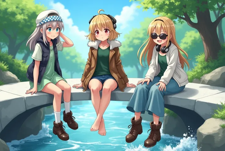 Anime reverse:1999, 3 girls sitting in springtime on white stone brigde over wild river
Matilda complaining at the others, with ashblonde shoulder long hair, blue white chequered hairband, light green short dress, light grey vest, white long socks, black l...