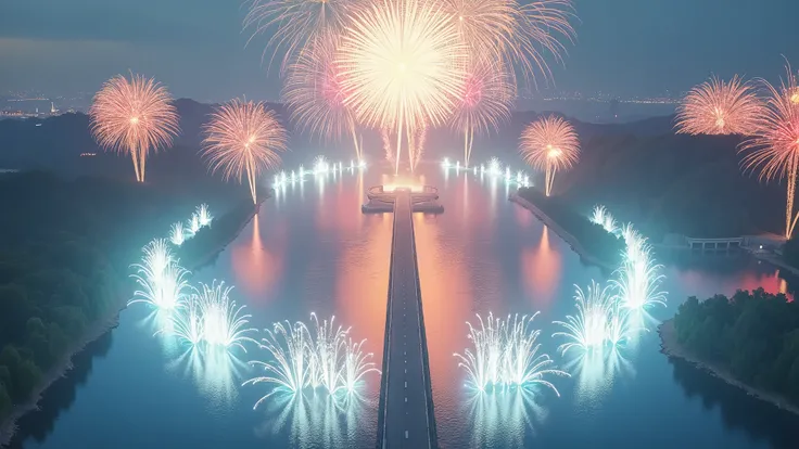 (( masterpiece ,  highest quality ,  higher image quality ,  high resolution , photorealistic, RAW Photo,  extremely detailed unified CG background image in 8k )), Fireworks festival filmed by a drone  ,   colorful giant fireworks that are launched from th...