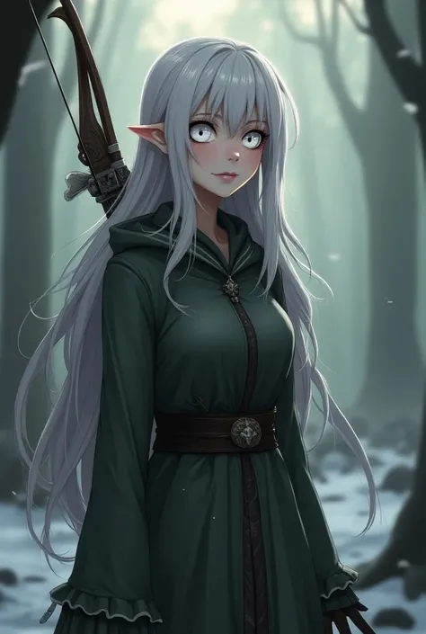 Generate me: an anime introverted elf girl, an anime girl with white eyes (tired dead-fish eyes-like), long grey hair, and a flat chest. Her occupation is a ranger in a witch-cult. Her personality is chaotic evil. She has a long bow on her back.