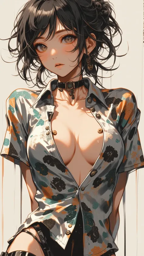 erotic young japanese model with slender curvy figure, 4k, ultra-detailed, vivid colors, dramatic lighting, intricate details, in a realistic illustration style with thin lines and black outlines, ulzzang, big eyes, unbuttoned floral blouse, big breasts, c...