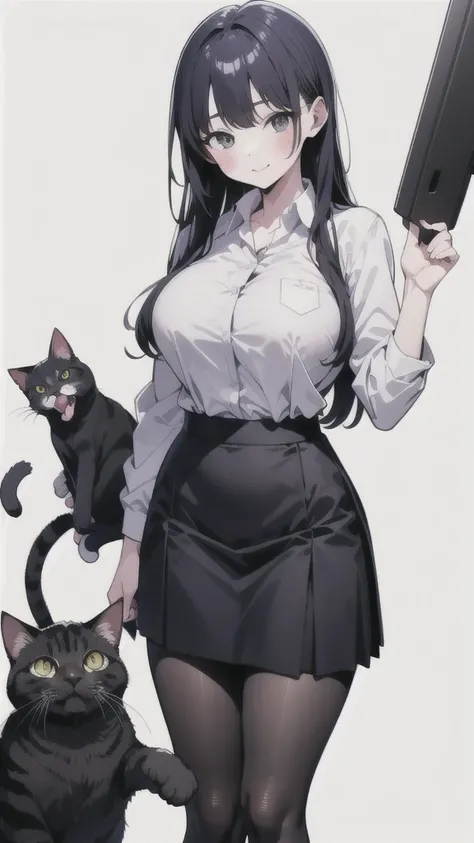 One Girl,     simple white background,   Office Lady Costume、  shortcuts , skirt、Black tights、cat、Large Breasts, 