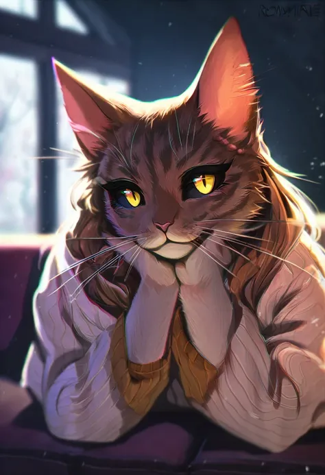 chiaroscuro, depth of field, cinematic lighting, chromatic aberration, blurry, reflection light, bloom, drop shadow, vignetting, ((masterpiece)), ((anatomically correct)), textured skin. A good, very caring girl cat, furry, warm character, ronimate, always...