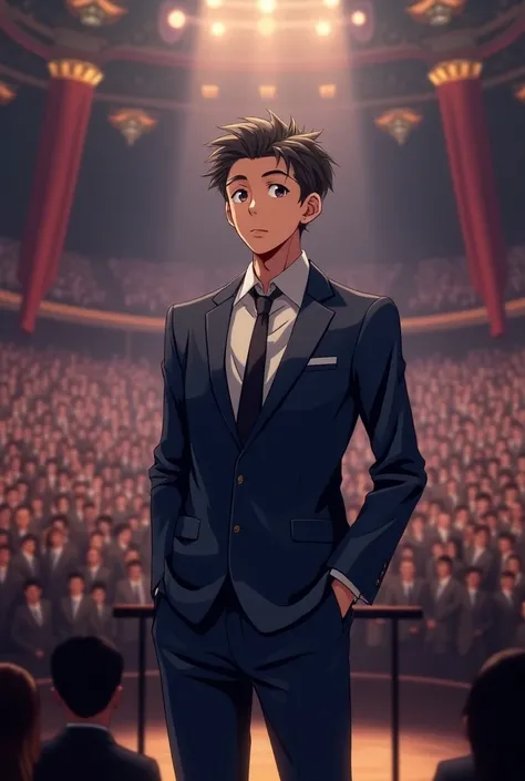 anime style, Young man in a suit standing on a stage in front of thousands of people watching him