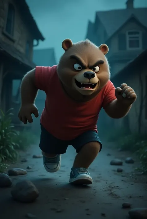 A cartoon bear character with a round face and large expressive eyes, wearing a red t-shirt, black shorts, and blue sneakers, running angrily with a stone in its hand. The bear is chasing the sound of footsteps down a dark village road, leading to an old, ...