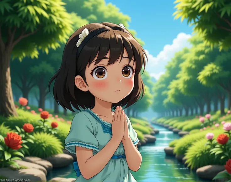 ANIME IMAGE IN STUDIO GHIBLI STYLE , IMAGE OF A GIRL IN A BEAUTIFUL GARDEN , THE GIRL IS PRAYING ; THE GIRL LOOK UP