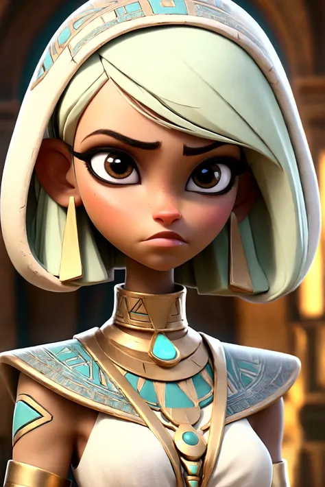 Tia is shown to have a fairly slender figure. She has white-grey hair , she has short hair and large pale green eyes,  An Pharaonic-styled futuristic suit worn by a girl depicting cultural fusion and modern fashion. The suit is adorned with intricate patte...