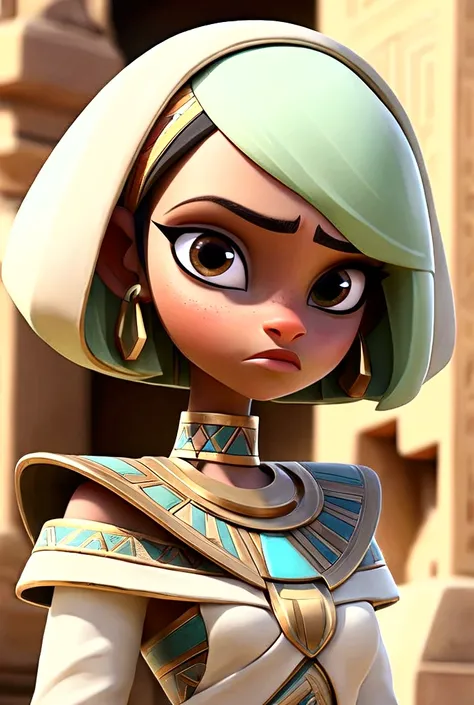 Tia is shown to have a fairly slender figure. She has white-grey hair , she has short hair and large pale green eyes,  An Pharaonic-styled futuristic suit worn by a girl depicting cultural fusion and modern fashion. The suit is adorned with intricate patte...