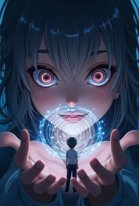 Make a anime boy controlling his milf mother with mind control magic, she have spirals on her pupils