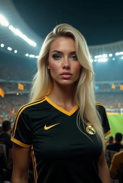  Kylie woman with long white blonde hair, thick lips with botox, brown eyes ,  In a soccer stadium at night.  She is wearing a Real Madrid shirt in black and gold .  The stadium is illuminated with spotlights and full of people waving flags with the Real M...