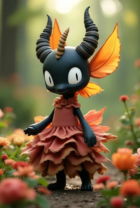 burmadame steht elegant in einem blühenden Garten mit bunten blumen um sie herum.  Her dress is made of various plant materials and she has a graceful expression on her face. The colors are vivid and radiate beauty . burmadame ist ein wurmartiges Pokémon m...