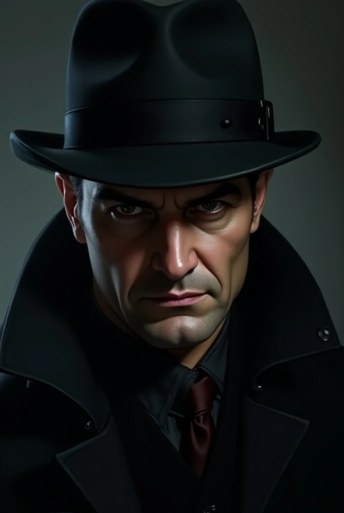 A portrait of a detective with a confident expression and a malevolent smile and a dark image, The most malevolent smile 