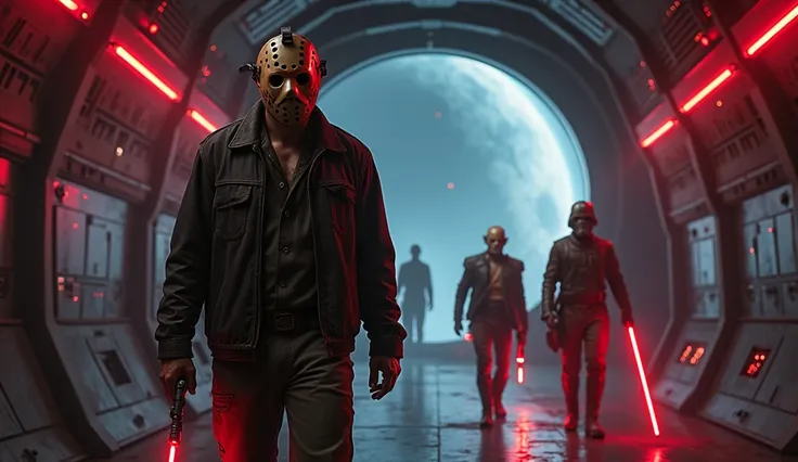 A chilling and atmospheric scene set in the Star Wars universe, where the infamous horror icon Jason Voorhees, clad in his tattered clothing and wearing his iconic hockey mask, stands menacingly aboard a dimly lit spaceship. The metallic corridors are bath...