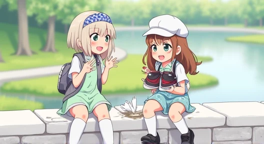 Anime 2 girls sitting in springtime on white stone wall at the water
"Matilda complaining at the others, with ashblonde shoulder long hair, blue white chequered hairband, light green short dress, light grey vest, white long socks, black loafers with wet sp...