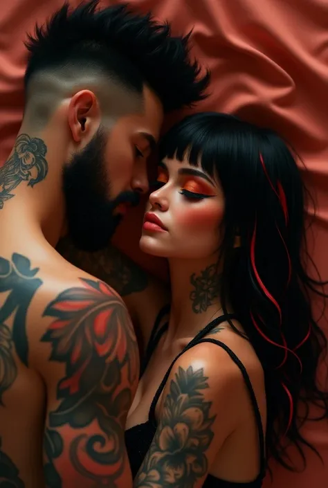 Vivid hyper realistic, back view a white man with black short stylish mid fade hair , tattoos, small beard big butt hugging a woman with tattoos, and long straight black hair with red front streaks hair, orange eyeshadow, fake lashes, peach lipstick, big b...