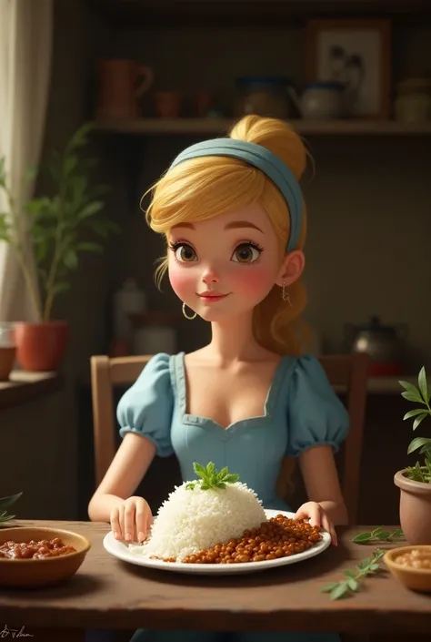 Cinderella eating a plate of white rice with plenty of braised lentils