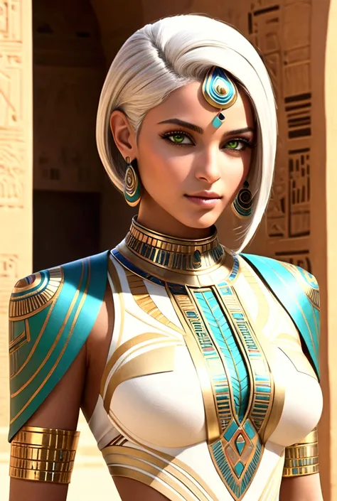 Tia is shown to have a fairly slender figure. She has white-grey hair , she has short hair and large pale green eyes,  An Pharaonic-styled futuristic suit worn by a girl depicting cultural fusion and modern fashion. The suit is adorned with intricate patte...