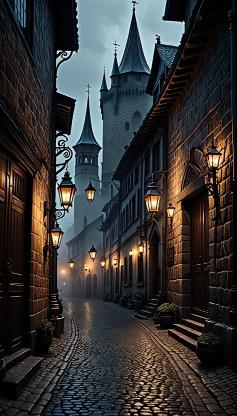 a medieval dark fantasy narrow street, intricate architecture, cobblestone road, gloomy atmosphere, moody lighting, old lanterns, mysterious fog, silhouettes of people, fantasy creatures lurking in the shadows, (best quality,4k,8k,highres,masterpiece:1.2),...