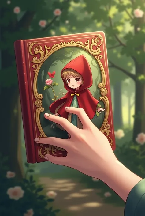 Draw a picture of a hand holding a book from the story of Little Red Riding Hood on the cover that only the hand can be seen with the anime-like book