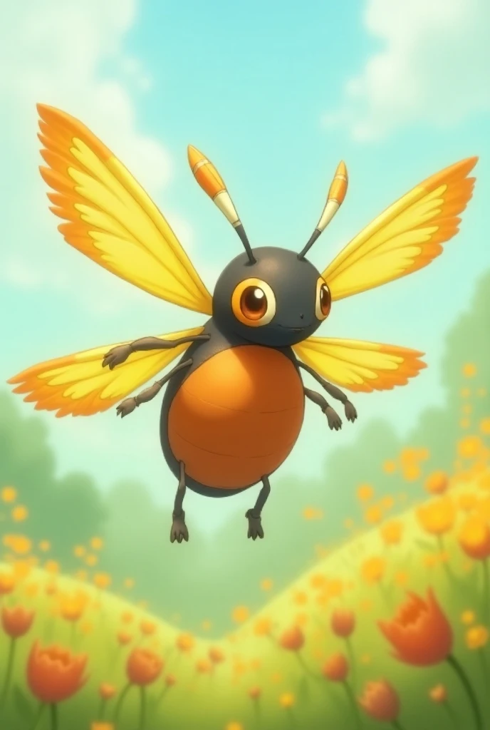  moterpel is a barely one meter tall ,  as it flies through the air .  in the background you can see a blooming meadow with lots of flowers .  The body has an orange ring in the middle with two short ,  that are moved by a gentle wind .  Stub and at the bo...