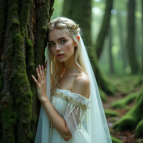 a close up of a woman in a white dress leaning her face against a tree, beautiful maiden,  beautiful fantasy maiden ,  beautiful princess e ,  very beautiful face ,  detailed beautiful face , beautiful blonde girl,  extremely beautiful face , Beautiful Nor...