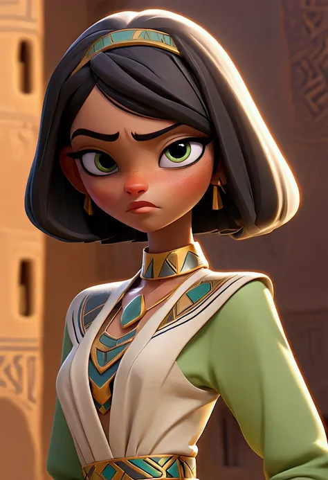 Tia is shown to have a fairly slender figure. She has white-grey hair , she has short hair and large pale green eyes,  An Pharaonic-styled futuristic suit worn by a girl depicting cultural fusion and modern fashion. The suit is adorned with intricate patte...