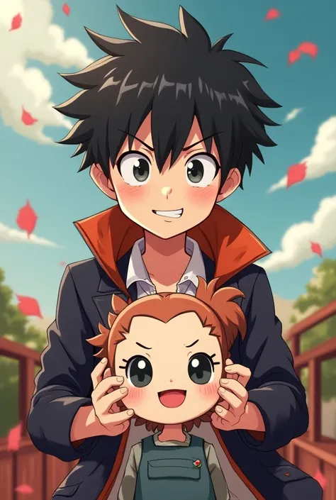 Make a anime boy smirking proud after he turned his mother into a plushie doll that look exactly like her